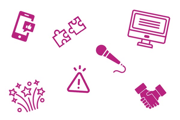 Collage of icons depicting services offered by DM&C: smartphone, puzzle pieces, computer, handshake, microphone, alert and fireworks.